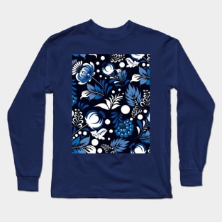 Blue Folk Flower Pattern Long Sleeve T-Shirt